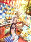  1girl ahoge alternate_costume animal_ear_fluff animal_ears apron asymmetrical_footwear bare_legs black_apron black_hair blonde_hair blue_footwear blurry blurry_foreground bowl bread bread_slice cabinet commentary_request cooking copyright_name counter cup cutting_board day facial_mark food fox_ears fox_girl fox_tail fruit frying_pan full_body grey_shirt hair_between_eyes hair_over_shoulder heart heart-shaped_pupils highres holding holding_frying_pan holding_spatula hololive indoors king_gidora kitchen kitchen_knife lemon lemon_slice looking_at_viewer looking_back mat medium_hair mismatched_footwear multicolored_hair official_art omaru_polka open_mouth oven pink_hair plant plate potted_plant purple_eyes red_footwear salad scrambled_egg shirt short_sleeves shorts sidelocks slippers smile solo spatula standing stool stove streaked_hair striped striped_shorts symbol-shaped_pupils tablecloth tail teacup toast virtual_youtuber watermark window wooden_stool 