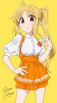  1girl :o absurdres ahoge alternate_costume alternate_hairstyle artist_name blonde_hair bocchi_the_rock! breasts cowboy_shot detached_ahoge hand_on_own_hip hand_up heart heart_print high-waist_skirt highres ijichi_nijika looking_at_viewer orange_overalls orange_skirt overall_skirt overalls puffy_short_sleeves puffy_sleeves red_eyes shirt short_sleeves side_ponytail sidelocks simple_background skirt small_breasts solo white_shirt yellow_background zetsuyo_chimayo 