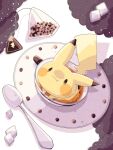  animal_focus colored_skin commentary_request cup fang from_above hanabusaoekaki highres no_humans pikachu plate pokemon pokemon_(creature) solid_oval_eyes solo spoon sugar_cube tail tea teabag teacup white_background yellow_skin 