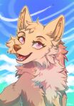  2023 brown_nose canid canine canis day detailed_background digital_media_(artwork) domestic_dog eyebrows eyelashes female feral fur ketty mammal open_mouth outside purple_eyes sky smile solo tan_body tan_fur teeth tongue 