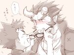  2boys bara blush broken_horn demon_boy demon_horns eyewear_removed facial_hair fang happy horns huge_eyebrows large_pectorals long_sideburns male_focus mature_male mugi_(pixiv_187163) multiple_boys pectorals protagonist_1_(housamo) short_hair sideburns size_difference spot_color stubble sweatdrop takemaru_(housamo) thick_eyebrows thought_bubble tokyo_afterschool_summoners translation_request upper_body 