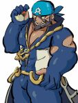  1boy absurdres anchor_necklace archie_(pokemon) bandana bara beard black_eyes blue_bandana blue_bodysuit bodysuit bulge covered_nipples dark-skinned_male dark_skin diving_suit facial_hair feet_out_of_frame hamunosuke_(buta5kawa) highres holding holding_poke_ball jewelry large_pectorals looking_to_the_side male_focus mature_male muscular muscular_male necklace pectoral_cleavage pectorals poke_ball pokemon pokemon_(game) pokemon_oras sharp_teeth short_hair strongman_waist teeth thick_thighs thighs torn_bodysuit torn_clothes waist_cape wetsuit 