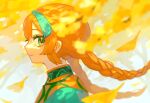  1girl aqua_hair blurry blurry_foreground braid closed_mouth dappled_sunlight day falling_leaves floating_hair from_side ginkgo_leaf green_eyes leaf light_smile long_hair looking_at_viewer multicolored_hair nagomi_(_nagomi_) orange_hair original outdoors portrait sideways_glance solo streaked_hair sunlight twin_braids yellow_leaves 