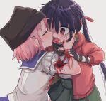  2girls animal_ear_headwear bags_under_eyes beanie bitten black_choker black_headwear bleeding blood blood_on_arm blood_on_mouth blue_sailor_collar blush choker closed_eyes commentary_request cowboy_shot crying crying_with_eyes_open deep_wound ebisuzawa_kurumi face-to-face gakkou_gurashi! green_sailor_collar green_skirt hair_ribbon hat highres holding_another&#039;s_wrist hood hood_down hoodie imminent_kiss injury long_hair multiple_girls open_clothes open_hoodie pink_eyes pink_hair pink_hoodie pleated_skirt purple_hair red_ribbon ribbon sailor_collar school_uniform serafuku shirt shirt_tucked_in short_sleeves simple_background skirt streaming_tears takeya_yuki tears traumatized twintails white_background white_shirt wide-eyed yasashii_naizou yuri 