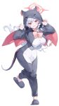  1girl absurdres alternate_costume bat_costume blue_archive blush braid claw_pose full_body grey_hair haruna_(blue_archive) highres hood hood_up looking_at_viewer meunhongcha simple_background single_braid smile solo standing standing_on_one_leg white_background 
