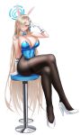  1girl absurdres animal_ears asuna_(blue_archive) asuna_(bunny)_(blue_archive) black_pantyhose blue_archive blue_bow blue_bowtie blue_eyes blue_halo blue_leotard blush bow bowtie breasts crossed_legs detached_collar fake_animal_ears full_body gloves grin hair_over_one_eye halo high_heels highres large_breasts leotard light_brown_hair long_hair mole mole_on_breast official_alternate_costume pantyhose rabbit_ears simple_background sitting smile solo ssb_(nit8921) strapless strapless_leotard white_background white_footwear white_gloves 