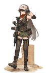  1girl ammunition_pouch armpits battle_rifle black_thighhighs blue_eyes blush breasts brown_footwear brown_hair cm901_(girls&#039;_frontline) colt_cm901 covered_navel ear_protection elbow_sleeve girls&#039;_frontline gloves green_shorts gun gun_sling hair_between_eyes hand_on_headwear hand_on_weapon hand_up hat highres long_hair looking_at_viewer magazine_(weapon) microphone neck_warmer optical_sight pouch rifle shorts small_breasts solo thighhighs weapon xerbatt 
