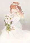  1girl bouquet cowboy_shot dress earrings flower_wreath highres holding holding_bouquet jewelry kame_(unaikodori) long_sleeves looking_at_viewer mole mole_under_mouth open_mouth red_eyes red_hair smile solo standing tachibana_hinata_(tokyo_revengers) tokyo_revengers wedding_dress white_background white_dress 