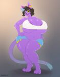  anthro areola belly big_belly big_breasts black_eyes bottomwear breasts catty_(undertale) clothing cutoffs denim denim_clothing domestic_cat ear_piercing felid feline felis female hair hi_res huge_breasts huge_hips huge_thighs mammal multicolored_hair navel overweight overweight_anthro overweight_female piercing purple_areola purple_body schwoo shirt shorts solo thick_thighs topwear two_tone_hair undertale_(series) wide_hips yellow_sclera 