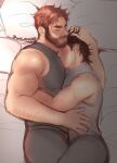  2boys afterglow arm_hair bara beard black_shirt blush couple cuddling face_to_pecs facial_hair feet_out_of_frame from_above goatee_stubble hand_in_another&#039;s_hair large_pectorals leg_on_another&#039;s_leg luke_(mewniverse) magnum_opus_(mewniverse) male_focus mature_male mewniverse multiple_boys muscular muscular_male mustache pectorals profile sam_(mewniverse) shirt short_hair sideburns size_difference sleeveless sleeveless_shirt smile sunlight thick_eyebrows undercut unfinished yaoi 