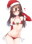  1girl bare_legs bare_shoulders bell bikini blush breasts brown_eyes brown_hair closed_mouth cowboy_shot elbow_gloves fur-trimmed_gloves fur_trim gloves hair_between_eyes hat heart highres kantai_collection long_hair looking_at_viewer navel pom_pom_(clothes) red_bikini red_gloves red_headwear santa_bikini santa_hat simple_background small_breasts solo swimsuit white_background zarashi zuihou_(kancolle) 