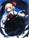  1girl ascot bangs black_footwear black_skirt black_vest blonde_hair boots closed_mouth collared_shirt darkness day fingernails hair_between_eyes hair_ribbon highres long_sleeves red_ascot red_eyes red_ribbon ribbon rumia shirt short_hair skirt smile solo spark621 touhou vest white_shirt 