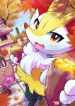  1girl :3 animal_ear_fluff animal_ears animal_nose autumn autumn_leaves black_fur blush body_fur braixen commentary_request dappled_sunlight dated day drooling dutch_angle fang food foreshortening fox_ears fox_girl fox_tail furret furry furry_female hands_up happy highres holding holding_food hungry incoming_food light_blush looking_at_viewer multicolored_fur nanahoshi_(wadorigi) neck_fur open_mouth outdoors pagoda partial_commentary pokemon pokemon_(creature) red_eyes roasted_sweet_potato saliva sentret smile snout solo_focus standing steam stone_lantern sunlight sweet_potato tail tree white_fur yellow_fur 