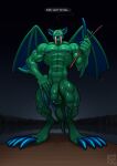  2023 absurd_res anthro claws detailed_background dialogue digital_media_(artwork) duke_fishron english_text flaccid genital_piercing genitals green_body hi_res long_claws longblueclaw male membrane_(anatomy) membranous_wings muscular muscular_anthro muscular_male nipples open_mouth penis penis_piercing piercing prince_albert_piercing solo speech_bubble standing teeth terraria text vein wings 