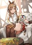  1girl ass_visible_through_thighs atelier_(series) atelier_ryza atelier_ryza_3 bob_cut breast_pocket breasts brown_hair brown_vest chair clover_hair_ornament collared_shirt crossed_legs dangle_earrings detached_sleeves earrings hair_between_eyes hair_ornament jewelry large_breasts multiple_bracelets official_art pocket reisalin_stout shirt sitting solo third-party_edit third-party_source third-party_watermark vest 