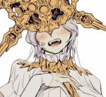  1girl blush breasts d: dark_sun_gwyndolin dress facing_viewer genderswap genderswap_(mtf) gold_headwear grey_background grey_dress grey_hair hand_up highres large_breasts league_of_legends long_sleeves short_hair simple_background solo spiked_helmet sweatdrop teeth upper_teeth_only zunkome 