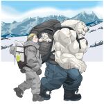  abs anthro arm_scar backpack bear beard big_bulge big_muscles big_pecs blonde_hair body_hair boots bottomwear brown_hair bulge carrying carrying_another chan_kiti_chan_(artist) chest_hair clothing coat facial_hair facial_scar family father father_and_child father_and_son footwear fur group hair hi_res hiking human human_on_anthro interspecies larger_anthro larger_male male male/male mammal mountain multicolored_hair muscular nipples pants parent parent_and_child pecs polar_bear scar shirtless size_difference smaller_human smaller_male snow son topwear trio ursine white_body white_fur winter 