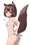  1girl absurdres animal_ear_fluff animal_print bikini breasts brown_hair cow_print ellu highres looking_at_viewer original red_eyes short_hair simple_background small_breasts swimsuit tail white_background 