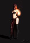  1girl absurdres bare_shoulders black_gloves black_thighhighs black_veil bra breasts brown_bra cleavage covered_face dark_souls_(series) dark_souls_ii desert_sorceress elbow_gloves energy_ball fire fireball gloves highres hood looking_at_viewer medium_breasts midriff navel nrww7577 red_hood skirt smile solo standing strapless thighhighs underwear veil whip_marks whipping 