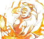  1boy bara black_hair bodysuit facial_hair feet_out_of_frame fire flaming_halo flaming_hand from_above frown halo large_pectorals looking_to_the_side male_focus mature_male monochrome muscular muscular_male orange_theme outstretched_arms pectorals po_fu pyrokinesis short_hair sketch solo spread_arms stubble thick_eyebrows tokyo_afterschool_summoners torn_bodysuit torn_clothes zabaniyya_(housamo) 