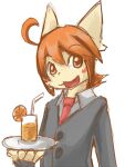  anthro beverage clothed clothing drinking_straw front_view fur grey_clothing grey_jacket grey_topwear hair half-length_portrait jacket kuttoyaki looking_at_viewer male open_mouth open_smile orange_eyes orange_hair portrait simple_background smile solo topwear white_background yellow_body yellow_fur 