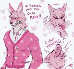  &lt;3 anthro canid canine canis clothed clothing ears_up eyebrows facial_tuft fangs flower fur hi_res humanoid_hands inner_ear_fluff male mammal neck_tuft no_pupils p0nyplanet pink_body pink_fur plant profanity serious sharp_teeth sniffing solo sweater sweater_vest teeth topwear tuft vest white_eyes wolf yelling 