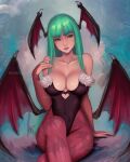  1girl animal_print bat_print bat_wings breasts bridal_gauntlets capcom cleavage clothing_cutout crossed_legs demon_girl green_eyes green_hair head_wings heart_cutout justin_paul large_breasts leotard long_hair looking_at_viewer low_wings morrigan_aensland pantyhose print_legwear print_pantyhose purple_pantyhose purple_wings smile solo vampire_(game) wings 