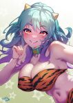  1girl absurdres animal_print aqua_hair bikini breasts choker gradient_background gradient_hair green_background grin highres horns large_breasts long_hair looking_at_viewer lum momoyama_tits multicolored_hair oni oni_horns orange_eyes signature smile solo starry_background swimsuit teeth tiger_print urusei_yatsura 