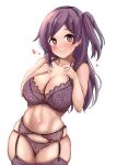  1girl blush bra breasts brown_eyes closed_mouth collarbone commentary_request hagikaze_(kancolle) hands_on_own_chest heart highres kantai_collection large_breasts lingerie long_hair looking_at_viewer navel one_side_up paid_reward_available panties parted_bangs purple_bra purple_garter_belt purple_hair purple_panties purple_thighhighs sakura_ab skindentation smile solo thighhighs underwear white_background 