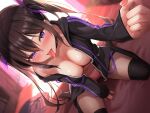  1girl absurdres black_hoodie black_thighhighs breasts brown_hair cleavage highres hood hoodie looking_at_viewer maeshimashi medium_breasts naked_hoodie navel_piercing no_bra original panties piercing pink_panties purple_eyes purple_ribbon ribbon saliva saliva_trail sitting solo thighhighs tongue tongue_out twintails underwear wariza 