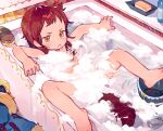 1boy barefoot bath bathroom bathtub butter character_request commentary copyright_request english_commentary food kemonomimi_mode looking_at_viewer male_focus nemui_(nemuriyagi) nude original partially_submerged red_hair soap_bubbles solo tail teeth water wet yellow_eyes 