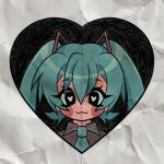  1girl :3 aqua_hair black_eyes blush_stickers collared_shirt cryptidhermit dot_nose eyelashes faux_traditional_media grey_shirt hair_between_eyes hatsune_miku heart heart-shaped_pupils highres long_hair shirt solo symbol-shaped_pupils twintails upper_body vocaloid white_background 