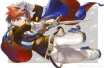  1boy armor black_shirt blue_eyes cape fire_emblem fire_emblem:_the_binding_blade gloves grin headband highres holding holding_sword holding_weapon pants red_hair roy_(fire_emblem) shirt short_hair shoulder_armor smile solo sword weapon white_gloves white_pants yuki_(yuki2061) 