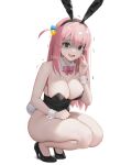  1girl @_@ absurdres animal_ears artist_name bare_legs black_eyes black_leotard blush bocchi_the_rock! bow bowtie breasts cube_hair_ornament detached_collar fake_animal_ears fake_tail gotoh_hitori hair_ornament hand_on_own_thigh highleg highleg_leotard highres large_breasts leotard long_hair looking_at_viewer nervous_smile nervous_sweating one_side_up pink_bow pink_bowtie pink_hair playboy_bunny rabbit_ears rabbit_tail regiana_(jubi) scratching_cheek shaded_face simple_background smile solo strapless strapless_leotard sweat tail thick_thighs thighs trembling wavy_mouth white_background wrist_cuffs 