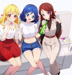  3girls aged_up aikatsu! aikatsu!_(series) beer_bottle belt blonde_hair blue_eyes blue_hair blue_nails blue_shorts blush brown_hair cocktail crop_top denim denim_shorts drink earrings heart highres holding holding_drink hoop_earrings hoshimiya_ichigo jewelry kiriya_aoi long_hair multiple_girls nail_polish open_mouth purple_eyes purple_nails red_eyes red_nails red_skirt rumo shibuki_ran shirt short_hair shorts sitting skirt smile soleil_(aikatsu!) star_(symbol) star_earrings swept_bangs white_shirt zipper 