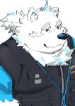  2023 absurd_res anthro black_nose blue_body canid canine clothed clothing fur hi_res kemono kipchin_2nd00 lifewonders live_a_hero male mammal overweight overweight_male portrait simple_background solo white_background white_body white_fur yohack 