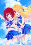  2girls arima_kana blonde_hair blue_ribbon blue_skirt blue_sky blue_tank_top bob_cut cloud cloudy_sky happy highres hoshino_ruby inverted_bob light_blush long_hair multiple_girls navel one_eye_closed open_mouth oshi_no_ko pink_eyes red_eyes red_hair ribbon shirt short_hair skirt sky smile tank_top water xiang_yu_pai 