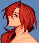  1girl aiphelix blue_background collarbone dark_red_hair grey_eyes long_hair looking_at_viewer low_ponytail mature_female mole mole_under_mouth original parted_lips portrait simple_background upper_body 
