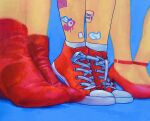  3girls acrylic_paint_(medium) ankle_boots blue_background blurry blurry_background blurry_foreground boots depth_of_field feet_only footwear_focus high_heels highres multiple_girls original painting_(medium) red_footwear shachi_(eat_orca) shoelaces shoes sneakers socks solo_focus sticker sticker_on_leg tiptoes traditional_media white_socks 