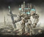  absurdres ashes battle cable chenlongque christianity church clenched_hand club_(weapon) cross demon dust english_commentary fantasy fog gothic hell highres machinery mecha no_humans original parody robot ruins saint science_fiction smoke statue steampunk weapon 