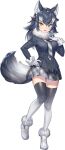  1girl animal_ears blazer blue_eyes extra_ears game_cg gloves grey_hair grey_wolf_(kemono_friends) heterochromia jacket kemono_friends kemono_friends_kingdom kneehighs long_hair looking_at_viewer necktie official_art open_mouth shoes skirt socks solo tachi-e tail transparent_background wolf_ears wolf_girl wolf_tail yellow_eyes 