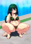  1girl :&gt; arm_support artist_name asui_tsuyu bad_id bad_twitter_id bikini blue_eyes blush boku_no_hero_academia breasts closed_mouth cloudxmoe english_text full_body green_bikini green_hair hair_between_eyes highres long_hair medium_breasts navel patreon_logo patreon_username pavement plump pool poolside shadow solo spanish_commentary spread_legs squatting swimsuit thick_arms thick_thighs thighs tongue tongue_out water 