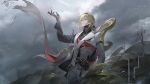  1boy androgynous arm_up asymmetrical_clothes black_sleeves blonde_hair cloud cloudy_sky corruption cross green_eyes hair_between_eyes highres honkai_(series) honkai_impact_3rd jewelry light_smile looking_up male_focus open_hand otto_apocalypse outdoors pants sky solo standing ste7619 upper_body white_pants white_sleeves 