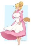 1girl animal_ears animal_feet animal_nose apron artist_name back_bow barefoot blonde_hair blue_background body_fur border bow breasts brooch brown_fur clenched_hand closed_eyes closed_mouth commentary dog_ears dog_girl dog_tail dress english_commentary feet frilled_apron frills furry furry_female hair_bun hand_up happy heart highres jewelry long_dress long_sleeves maid maid_apron marie_hudson medium_breasts meitantei_holmes outside_border pink_dress pink_gemstone short_hair sidelocks simple_background single_hair_bun smile snout solo tail teranen twitter_username u_u watermark white_apron white_border white_bow 