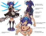  1girl antennae arthropod_girl blue_hair breasts broom cleavage collarbone commentary english_commentary english_text extra_arms highres maid_headdress multiple_views original reference_sheet short_hair sidelocks simple_background tomatolover16 twintails white_background wings 