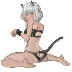  1girl alternate_costume alternate_hairstyle alternate_skin_color animal_ears ass_cutout back_cutout black_bra black_pants bra brown_eyes cat_ears cat_tail clothing_cutout dark-skinned_female dark_skin fake_animal_ears fake_tail from_behind full_body grey_hair highres karenina_(punishing:_gray_raven) long_hair pants paw_pose punishing:_gray_raven tail underwear white_background yongsadragon 