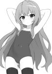  1girl aisaka_taiga arms_behind_back black_thighhighs blush collarbone commentary cowboy_shot dot_mouth dot_nose flat_chest greyscale highres long_hair looking_at_viewer mikoscrub monochrome navel one-piece_swimsuit simple_background skindentation solo swimsuit symbol-only_commentary thighhighs toradora! white_background 