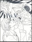  2boys arm_tattoo aztec black_lips black_nails blonde_hair braid daybit_sem_void earth_(planet) facepaint fate/grand_order fate_(series) gloves gold_necklace hair_ornament headdress holding_planet jewelry long_hair long_sleeves male_focus monochrome multiple_boys necklace orb planet profile short_hair shoulder_tattoo simple_background skull skull_hair_ornament smile tattoo tezcatlipoca_(fate) tezcatlipoca_(third_ascension)_(fate) thunderkalel traditional_clothes trench_coat twin_braids upper_body white_background 