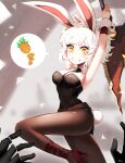  1girl animal_ears attack belt black_necktie black_pantyhose breasts carrot detached_collar fake_tail high_heels highres holding holding_sword holding_weapon hwaryeok league_of_legends leotard medium_breasts medium_hair necktie pantyhose playboy_bunny rabbit_ears rabbit_tail red_footwear riven_(league_of_legends) speech_bubble strapless strapless_leotard sword tail teeth weapon white_hair yellow_eyes 