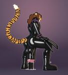  anthro balls bodily_fluids clothing cum felid genital_fluids genitals hi_res longblueclaw male mammal pantherine penetration rubber rubber_clothing rubber_suit simple_background solo stretched_urethra tiger urethral urethral_penetration 